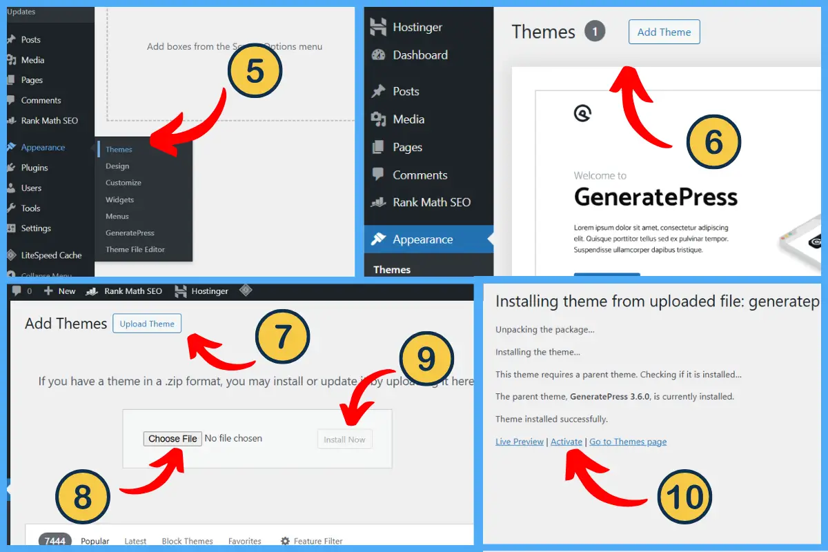 How to Create a Child Theme in WordPress and these is dashboard screenshots showing navigation from Appearance to Themes, uploading a theme ZIP file, and activating it